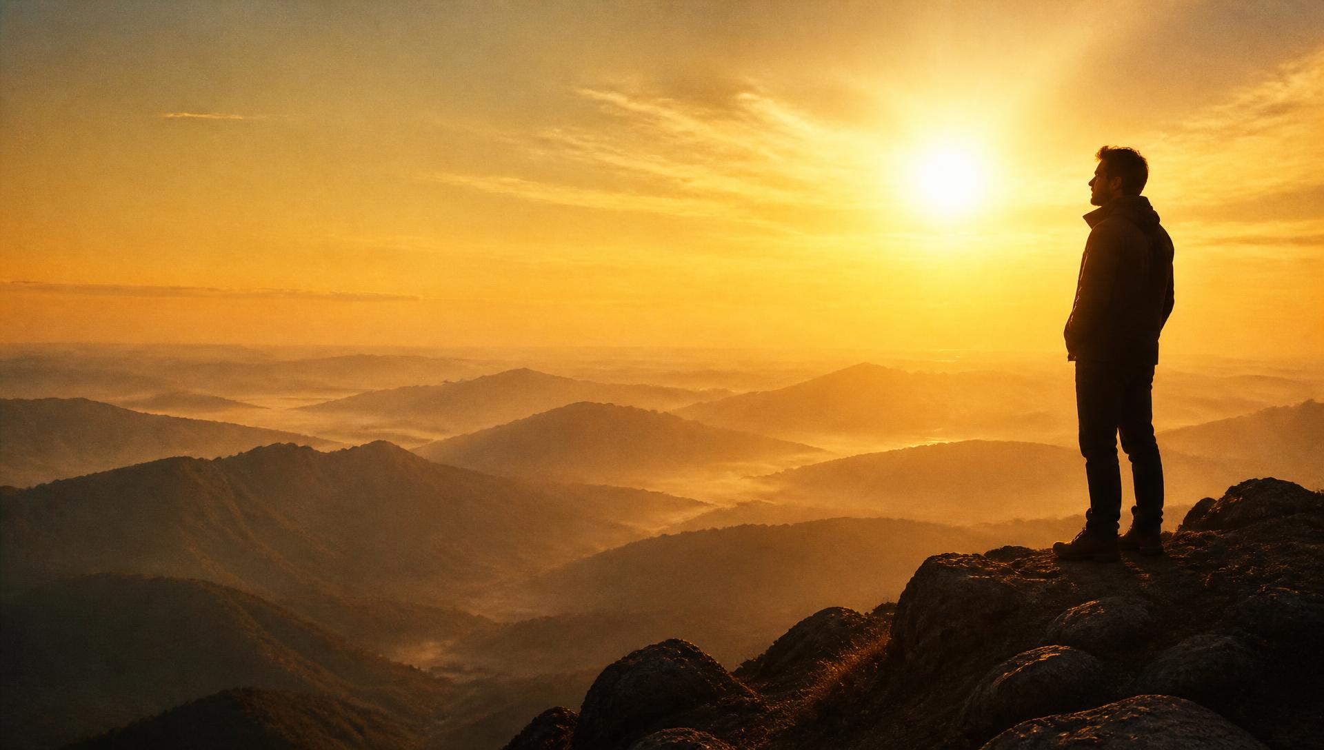 A man on a ridge facing a golden sunrise on day 90