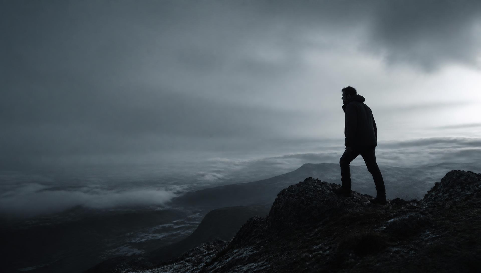 A man on a high ridge at pre-dawn, leaning forward into the light