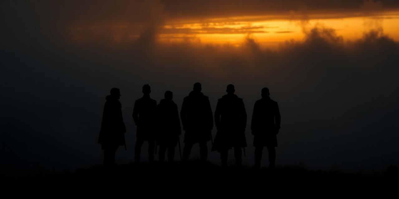 Silhouettes of men standing together at dusk